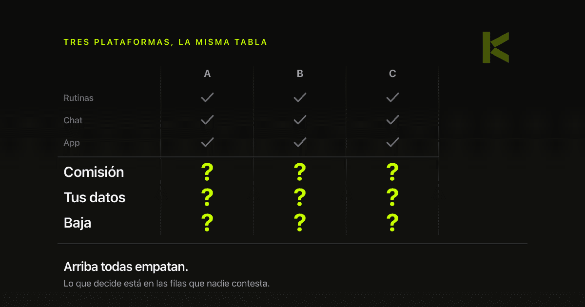 Tabla: tres plataformas empatan en rutinas, chat y app; en comisión, tus datos y baja, las nueve casillas están sin contestar.